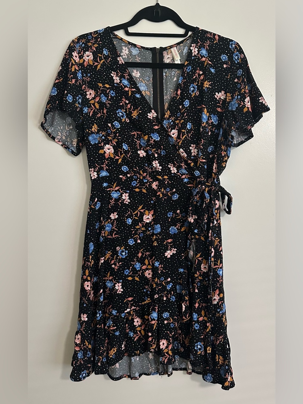 Xhilaration Black Floral Wrap Dress with Blue & Pink Flowers